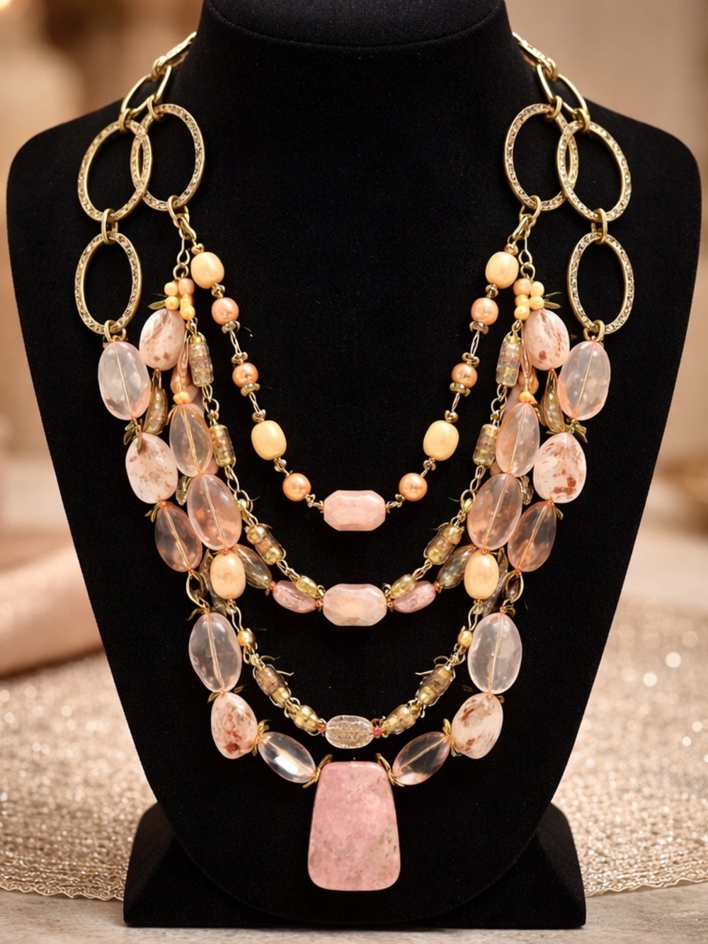 Vintage Multi-Strand Pink Stone Statement Necklace Gold Links Layered Oval Rings